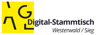 „Logo des Digital-Stammtischs Westerwald / Sieg: Eine stilisierte Darstellung von vernetzten Punkten, die digitale Kommunikation symbolisieren. Darunter steht der Schriftzug ‚Digital-Stammtisch Westerwald / Sieg‘ in moderner Schriftart.