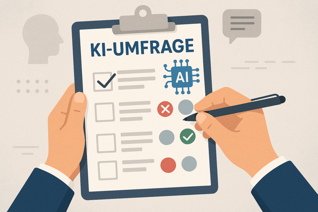 Klemmbrett, das mit zwei Händen gehalten wird. In der rechten Hand ein Stift. Auf dem Klemmbrett steht KI-Umfrage