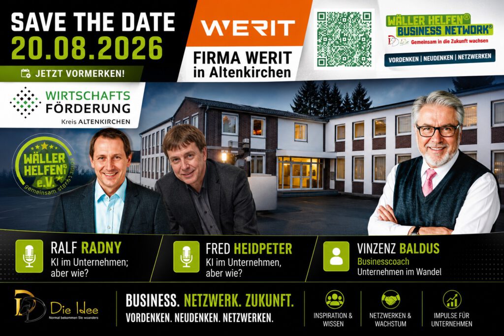 Save-the-date-Karte mit Fotos der Referenten