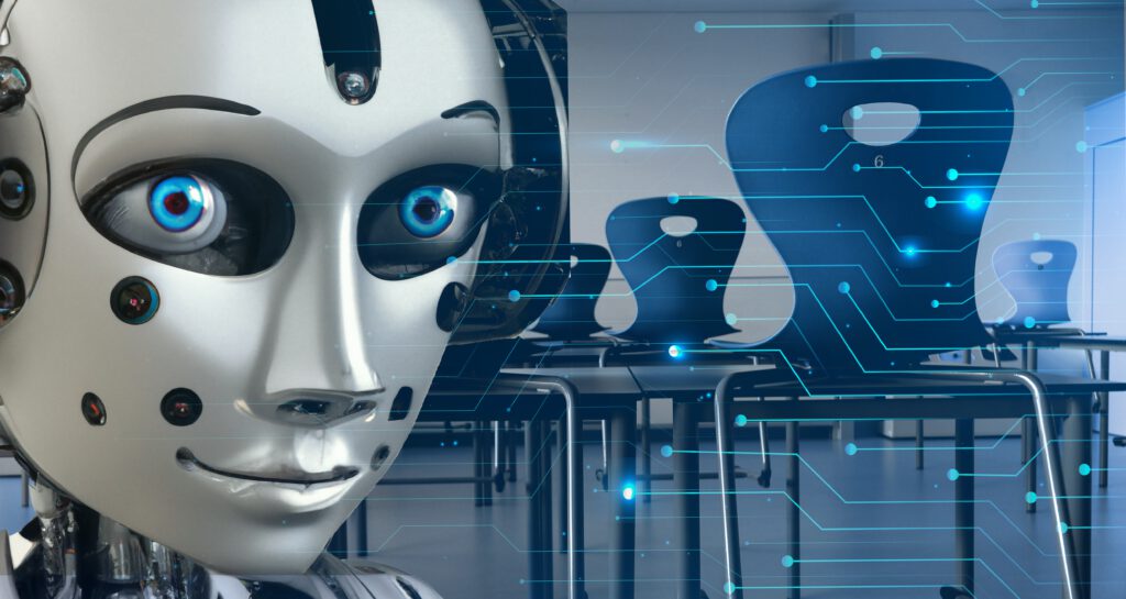 Symbolbild Kollage aus Gesicht eines Roboters und Stuhlreihen in einer Schule